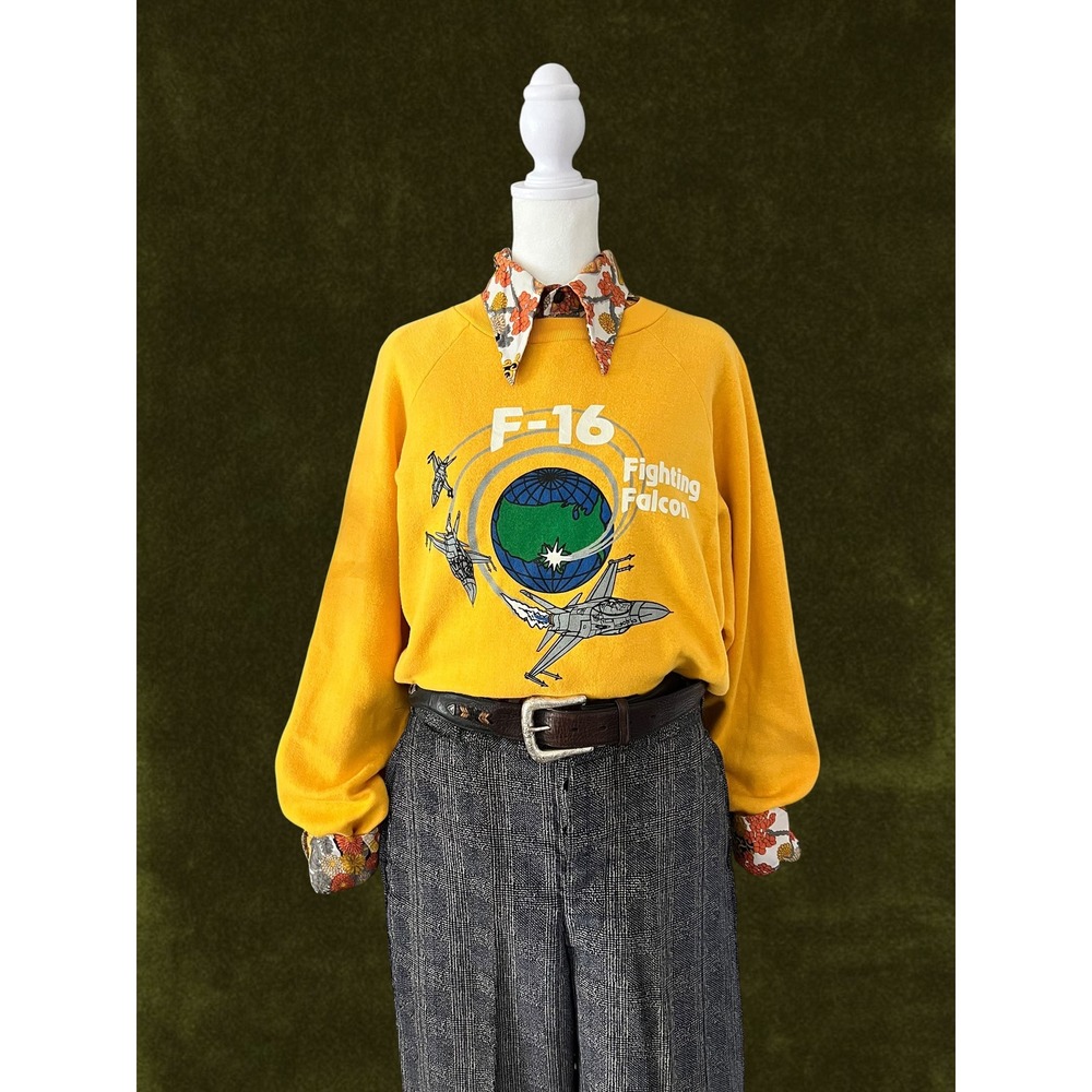 Vintage 80s Healthknit F-16 Fighting Falcon Sweatshirt XL Yellow Made in USA
